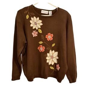Alfred Dunner Sweater XL Brown Long Sleeve Floral Applique Shoulder Pads Vintage